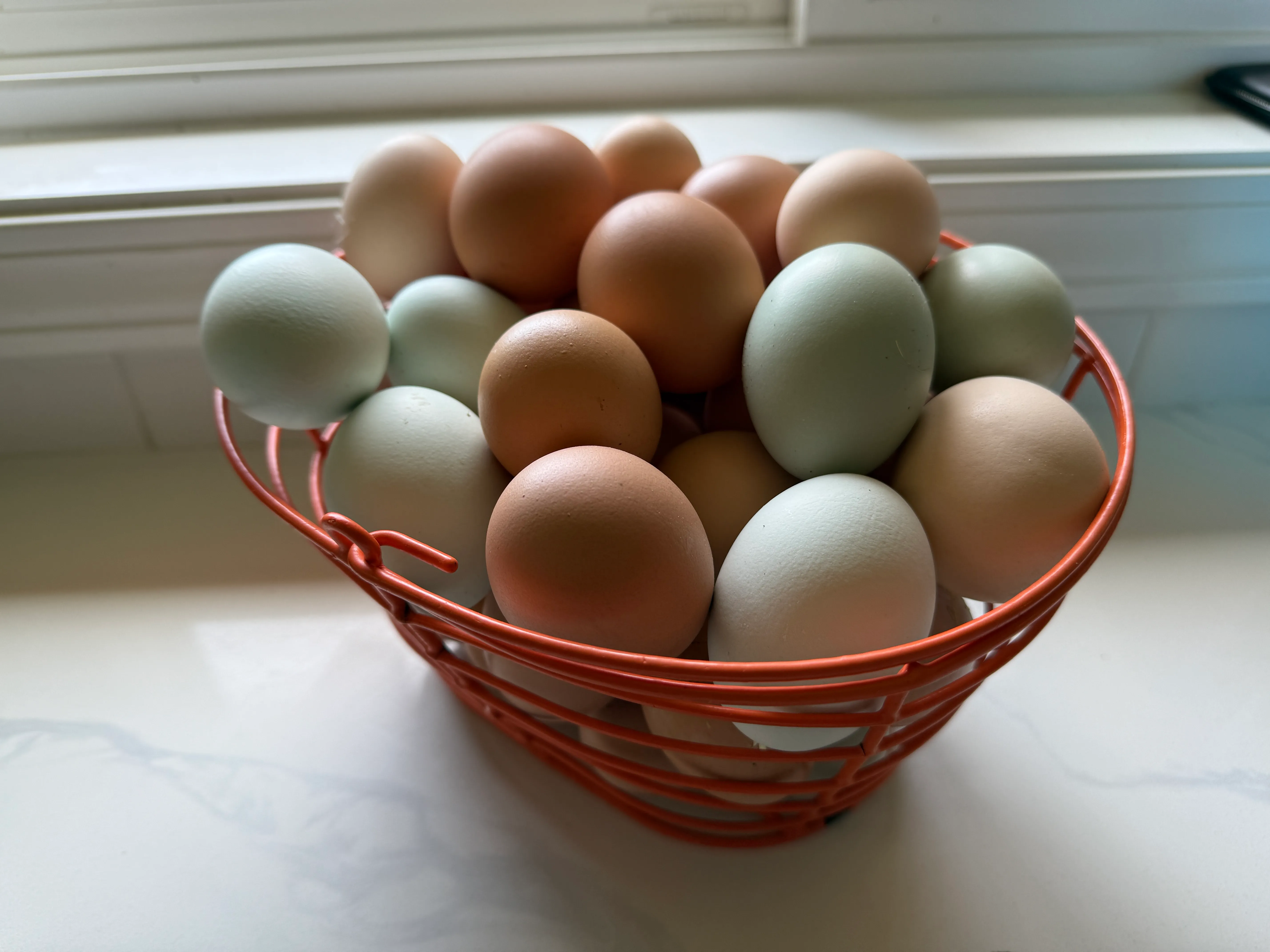 Colorful eggs in a wire basket